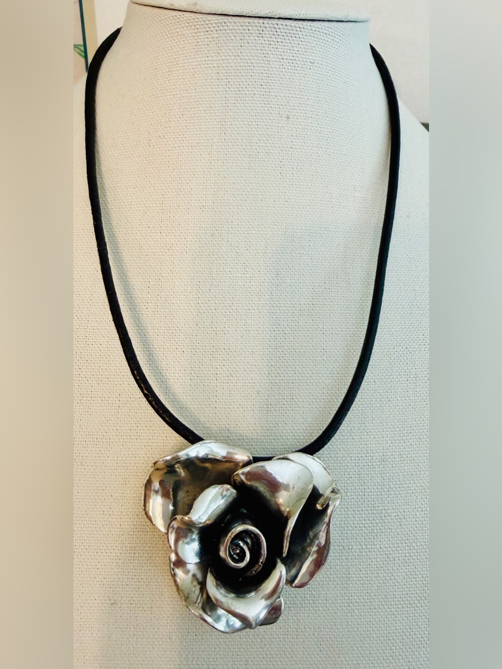 Silver Rose Pendant Necklace on Black Cord